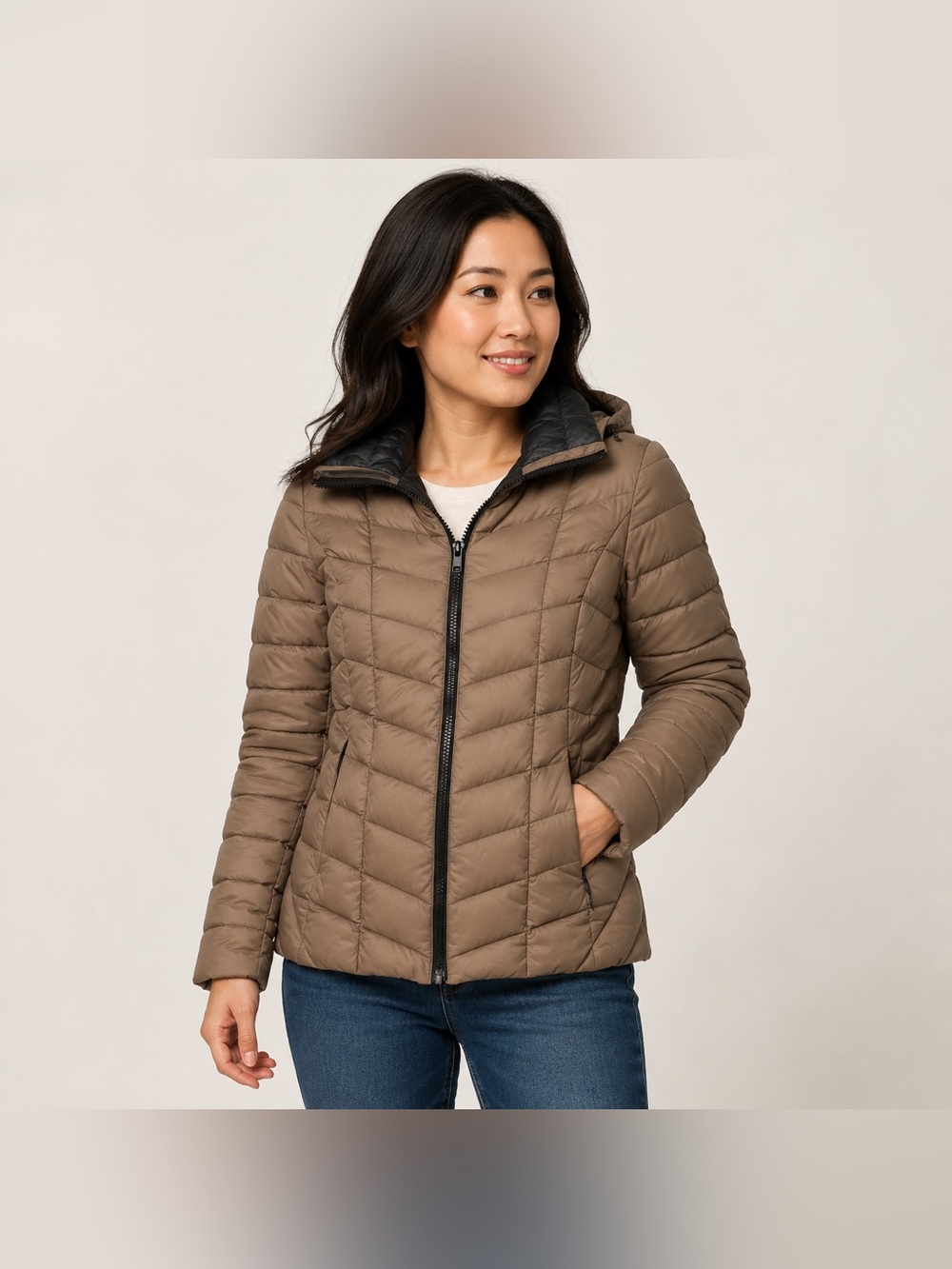 Soia & Kyo Tan Quilted Puffer Hooded Jacket S